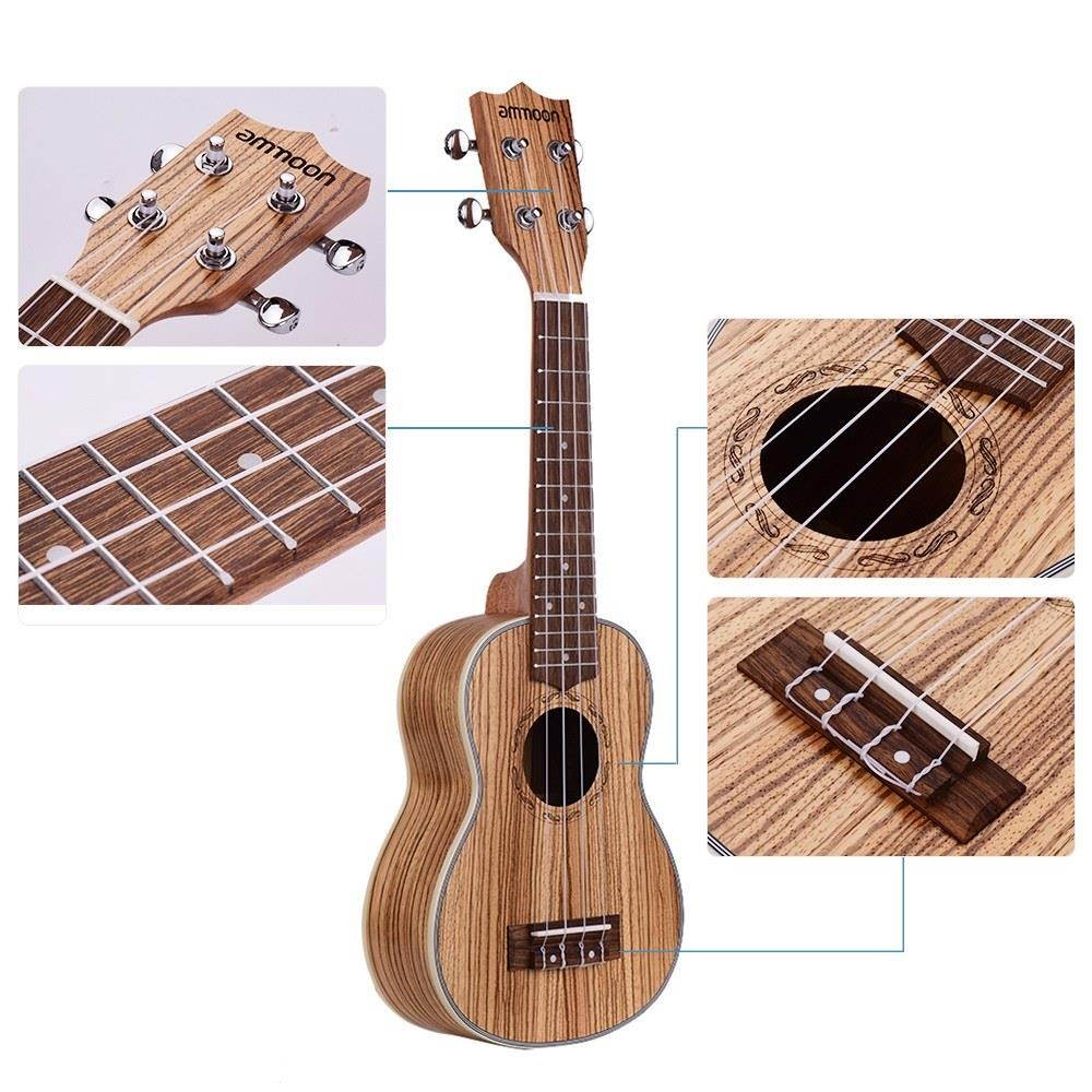 ammoon Zebrawood 21" Acoustic Ukulele 15 Fret 4 Strings Stringed Musical Instrument