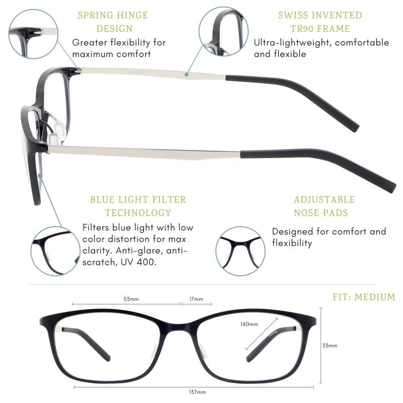 Umizato Super Lightweight Blue Light Blocking Glasses - Computer Gaming for Men Women - Minimalist Design, Anti-Glare UV Filter Blocker, Reduce Eye Strain, Migraine, Light Sensitivity (Orion in Black)