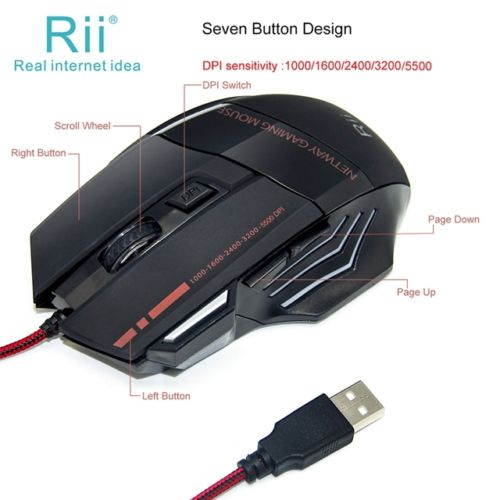 Rii USB Wired Gaming Mouse RM600 5500DPI 7 Buttons Computer Mouse Game Mice