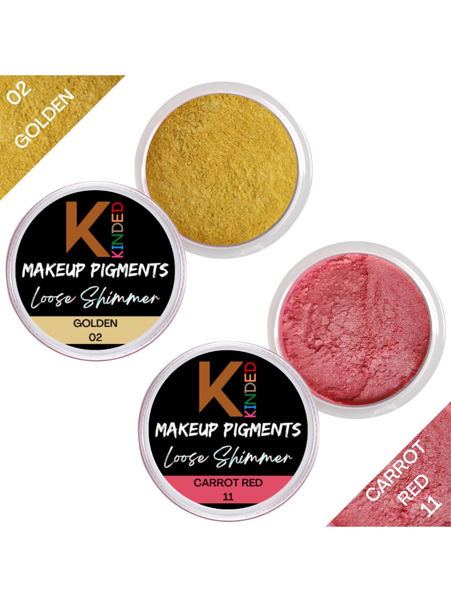 KINDED Makeup Pigments Loose Shimmer Powder Eyeshadow 02 Golden & 11 Carrot Red Combo