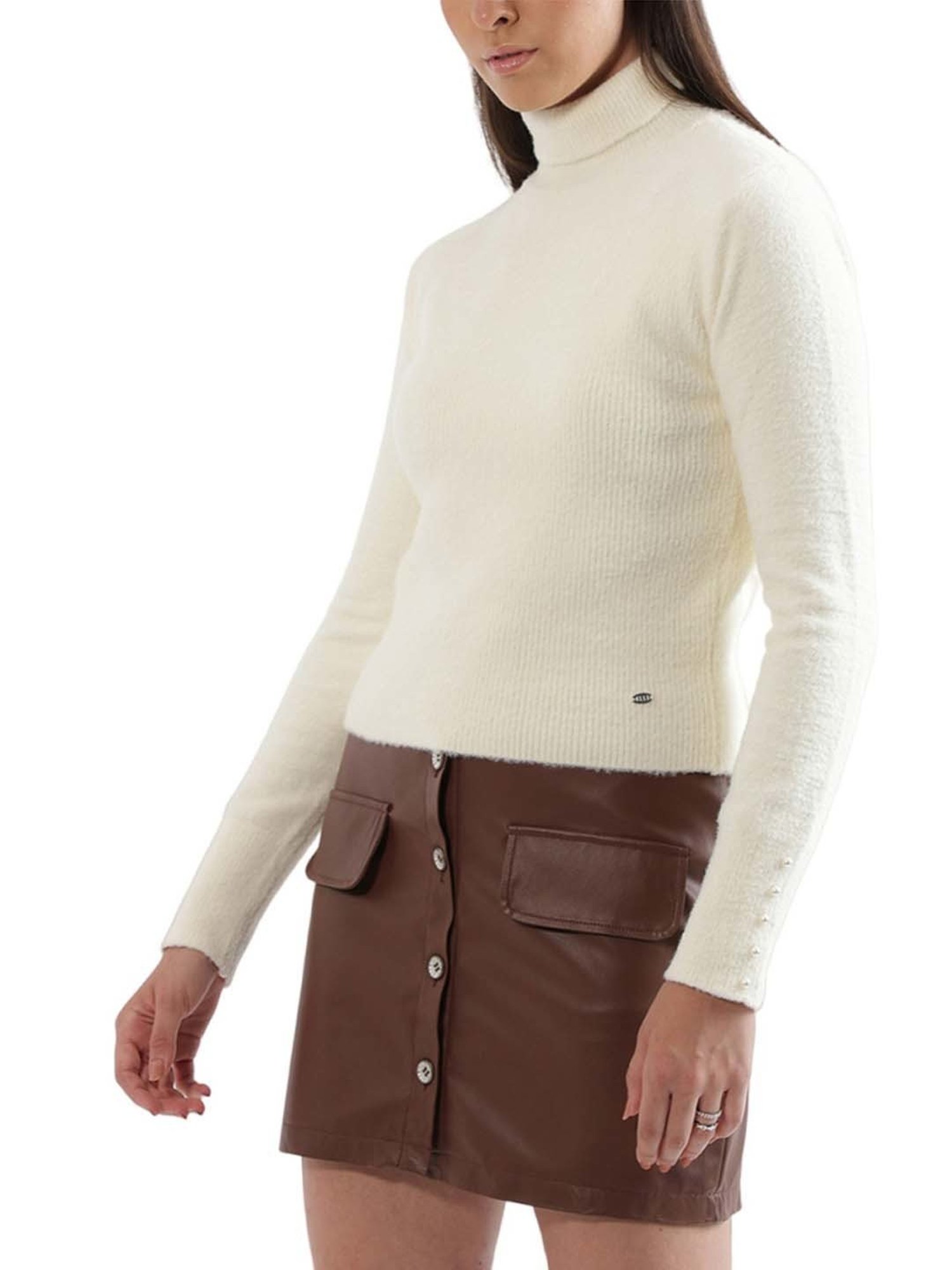 Elle White Self Pattern Sweater