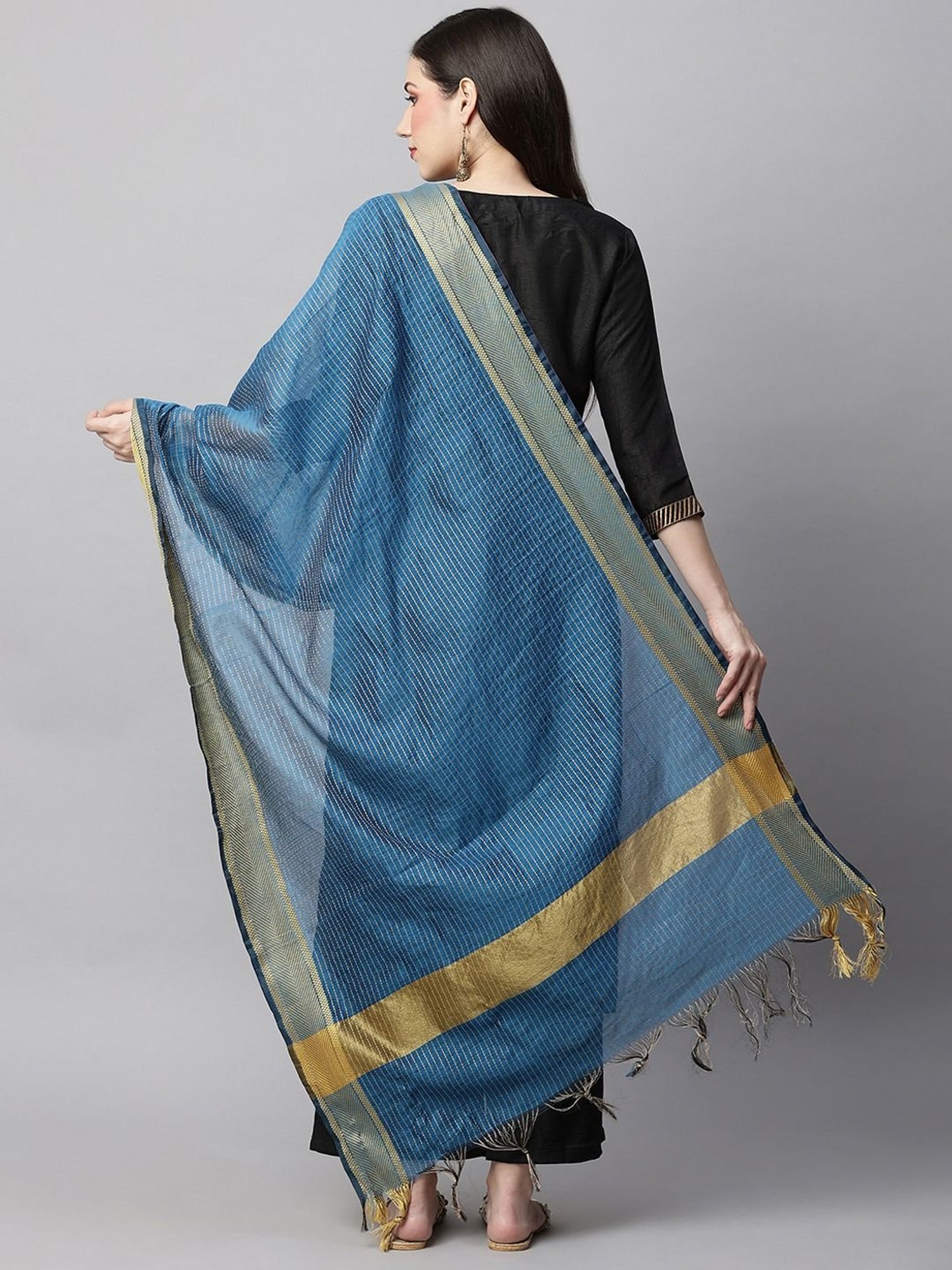 Indo Era Blue & Golden Woven Pattern Dupatta