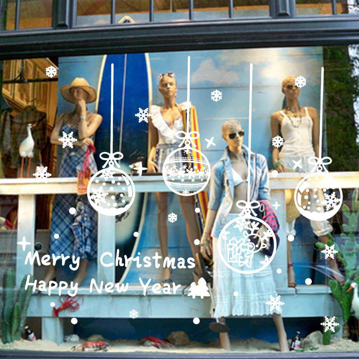 Removable Merry Christmas Vinyl Window Stickers Christmas Baubles Snowflakes DIY Showcase Window Clings Glass Door Stickers Mural Decals for Christmas New Year Home Decor 60 x 45 cm