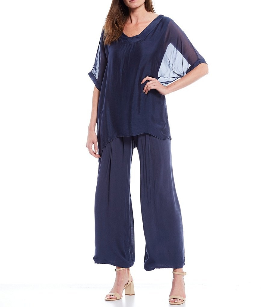 M Made in Italy V-Neck Sheer Sleeve Sharkbite Hem Silky Woven Top