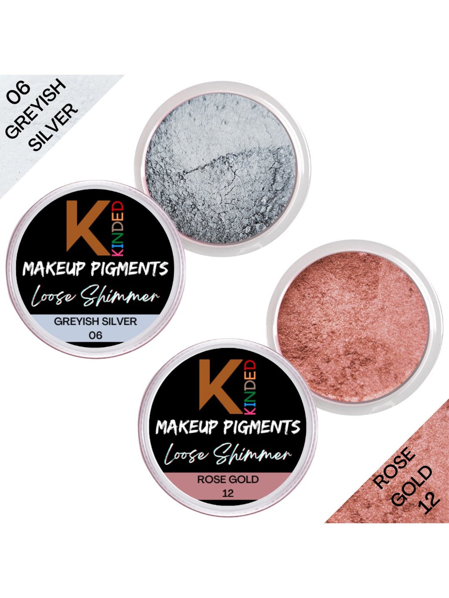 KINDED Makeup Pigments Loose Shimmer Powder Eyeshadow 06 Greyish Silver & 12 Rose Gold Combo