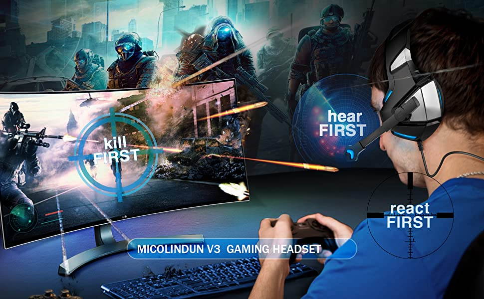 Micolindun Gaming Headset for Xbox One, PS4, PC, Over Ear Gaming Headphones with Noise Cancelling Mic LED Light, Stereo Bass Surround, Soft Memory Earmuffs for Smart Phone, Laptops, Tablet