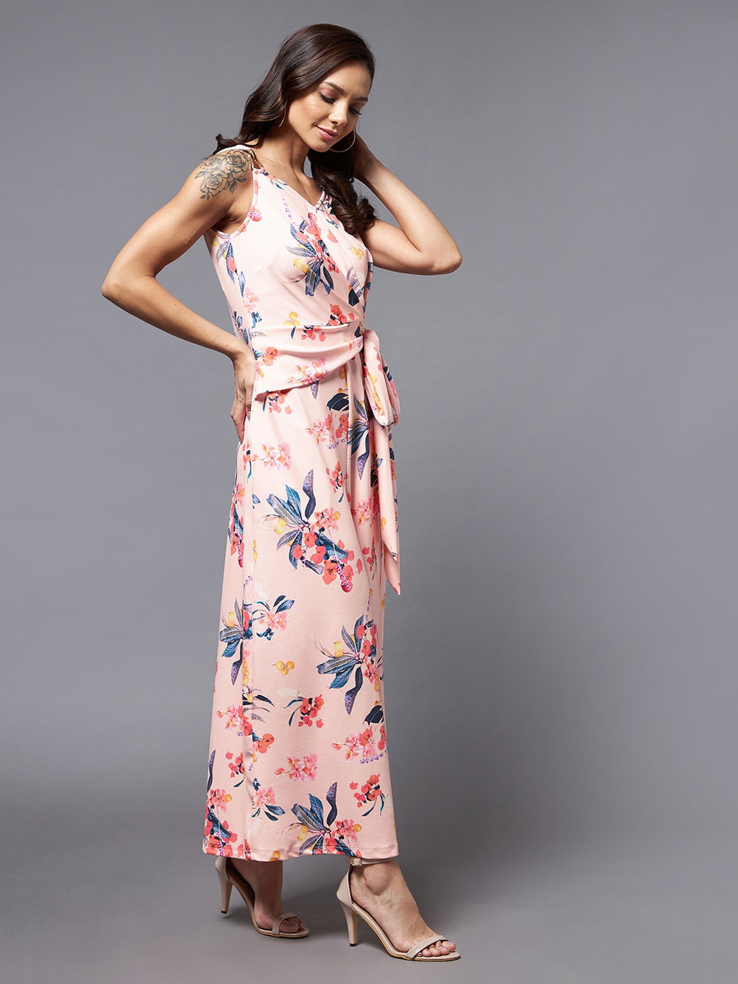 Miss Chase Peach Floral Print Jumpsuit