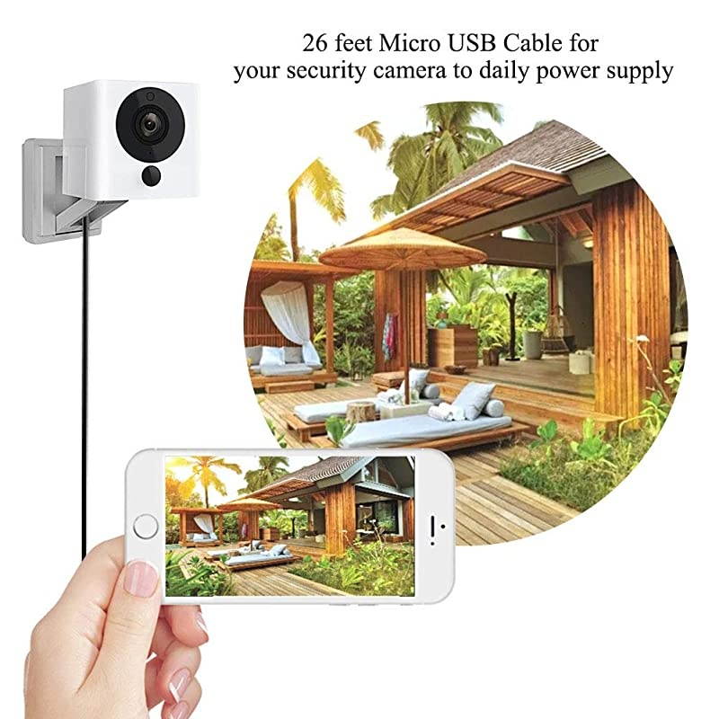26ft Power Extension Cable Compatible with Wyze cam Wyze cam V2 Wyze cam Pan Blink Yi Home Security Camera Long Micro USB Cord Black WeatherProof