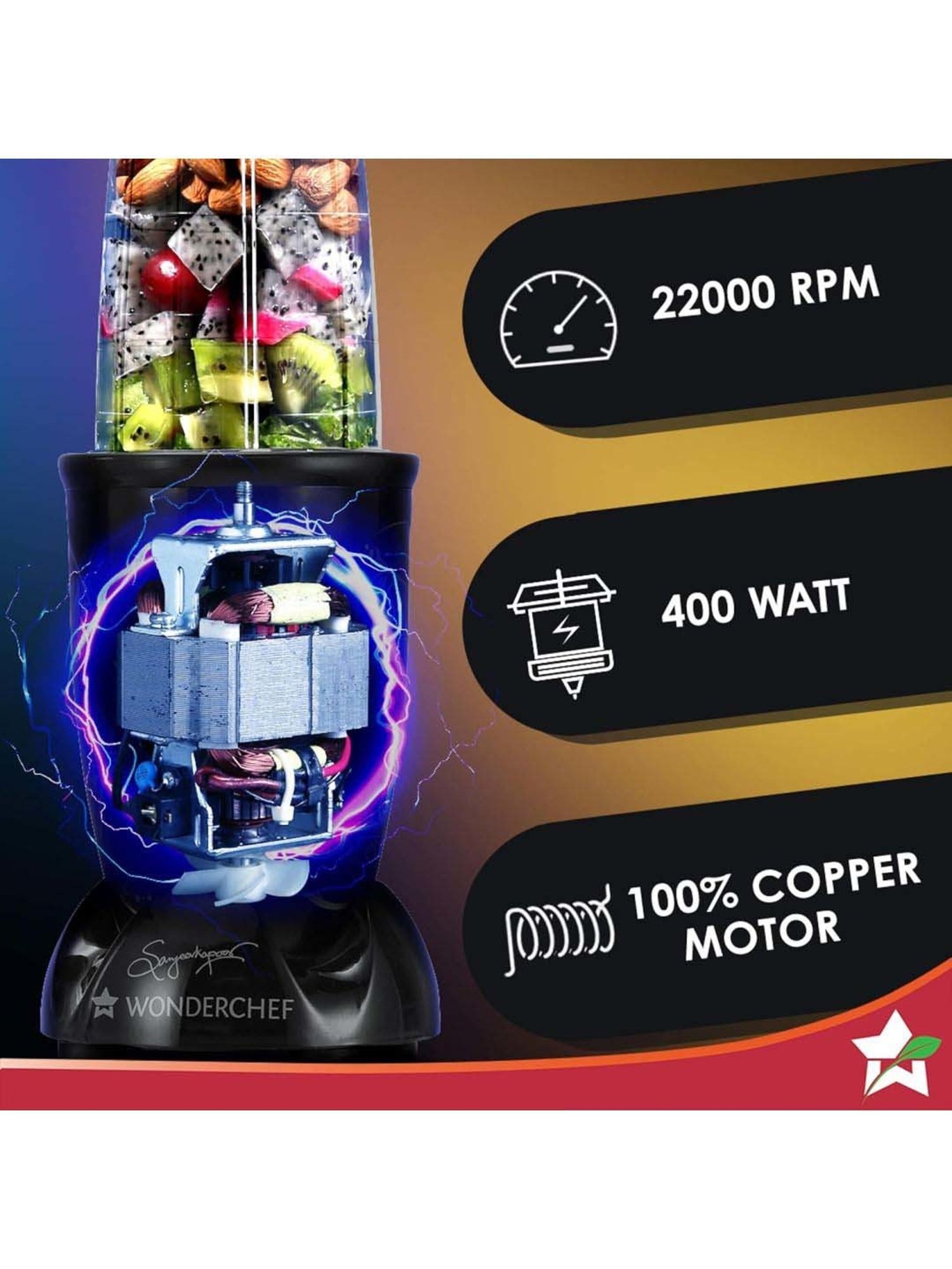 Wonderchef Nutri-Blend 22000 RPM Mixer-Grinder with 2 Unbreakable Jars (500W, Black)