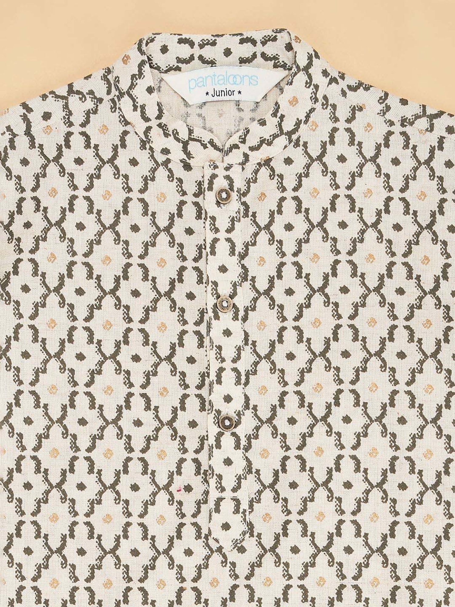 Indus Route by Pantaloons Kids Off-White Linen Printed Full Sleeves Kurta