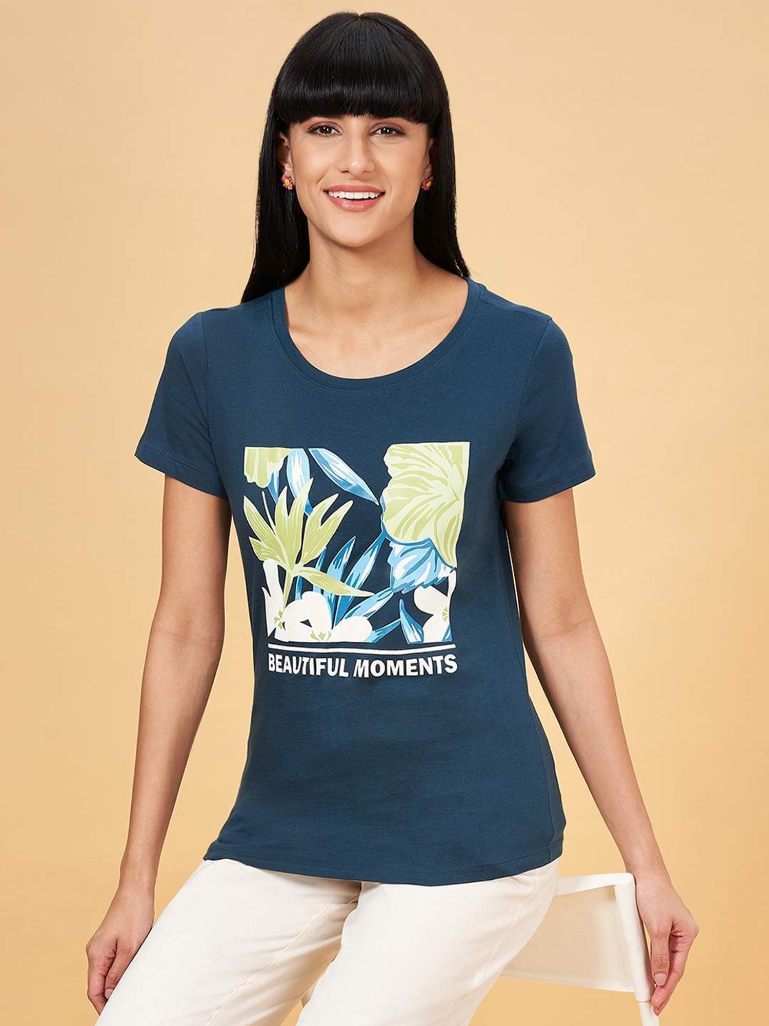 Honey by Pantaloons Blue Cotton Printed T-Shirt