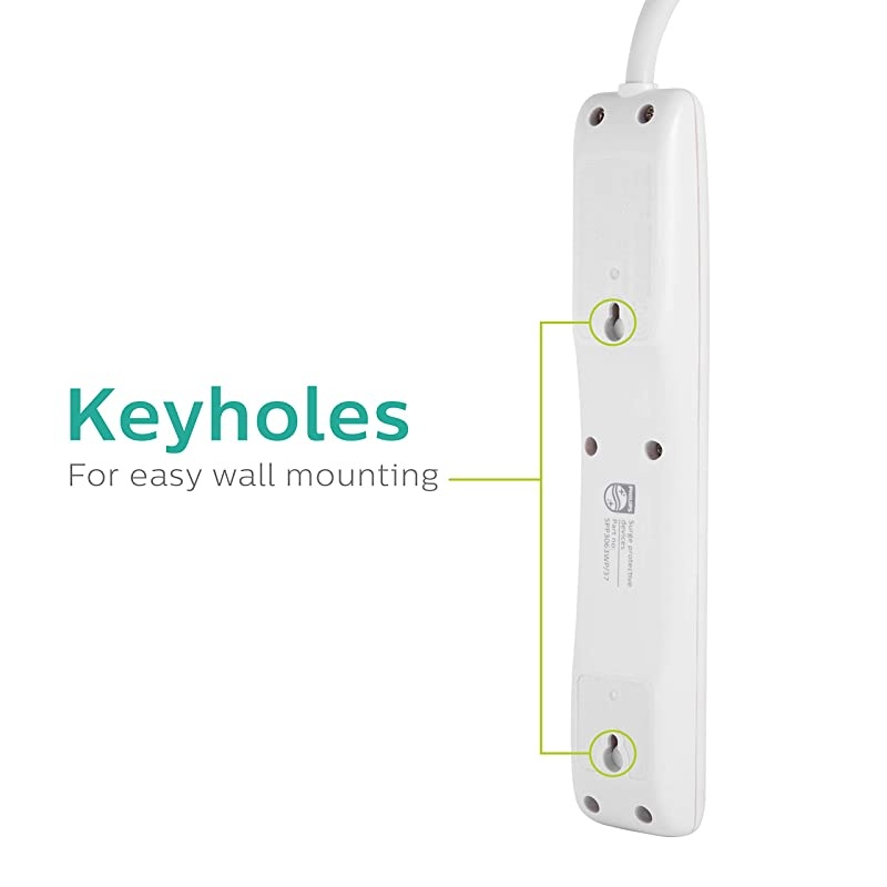 6 Outlet Power Strip Surge Protector 2ft Power Cord Straight Plug Wall Mount 450 Joules UL Listed Circuit Breaker Automatic Shutdown White SPP3063WP37