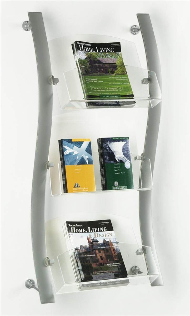 Brushed Silver Catalog Rack, 21-1/2 x 45 x 8-3/4-inch, Wall Mounted With 3 Adjustable Acrylic Pockets