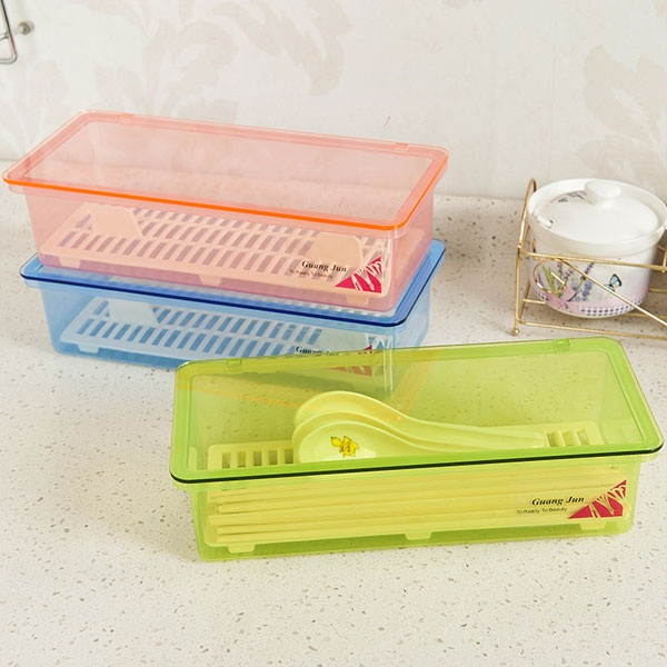 Multifunctional Plastic Kitchen Tableware Chopsticks Spoon Fork Storage Box With Cover Drop Water -Pink