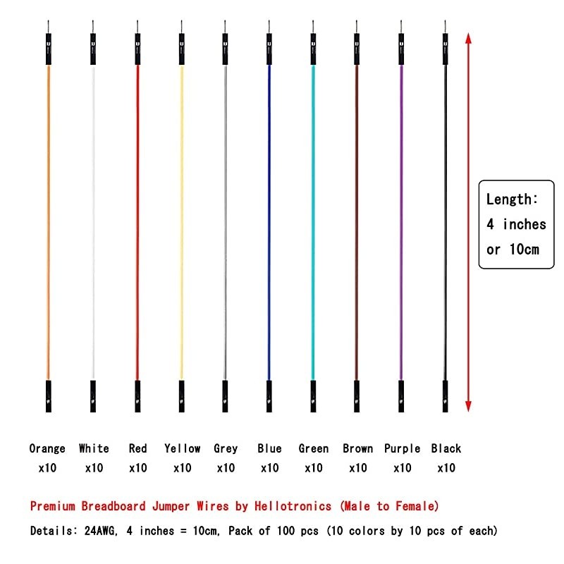 Breadboard Jumper Wires Male to Female 01 Square Head 100Pack 10 Colors 24AWG by Hellotronics 10CM 1P MF