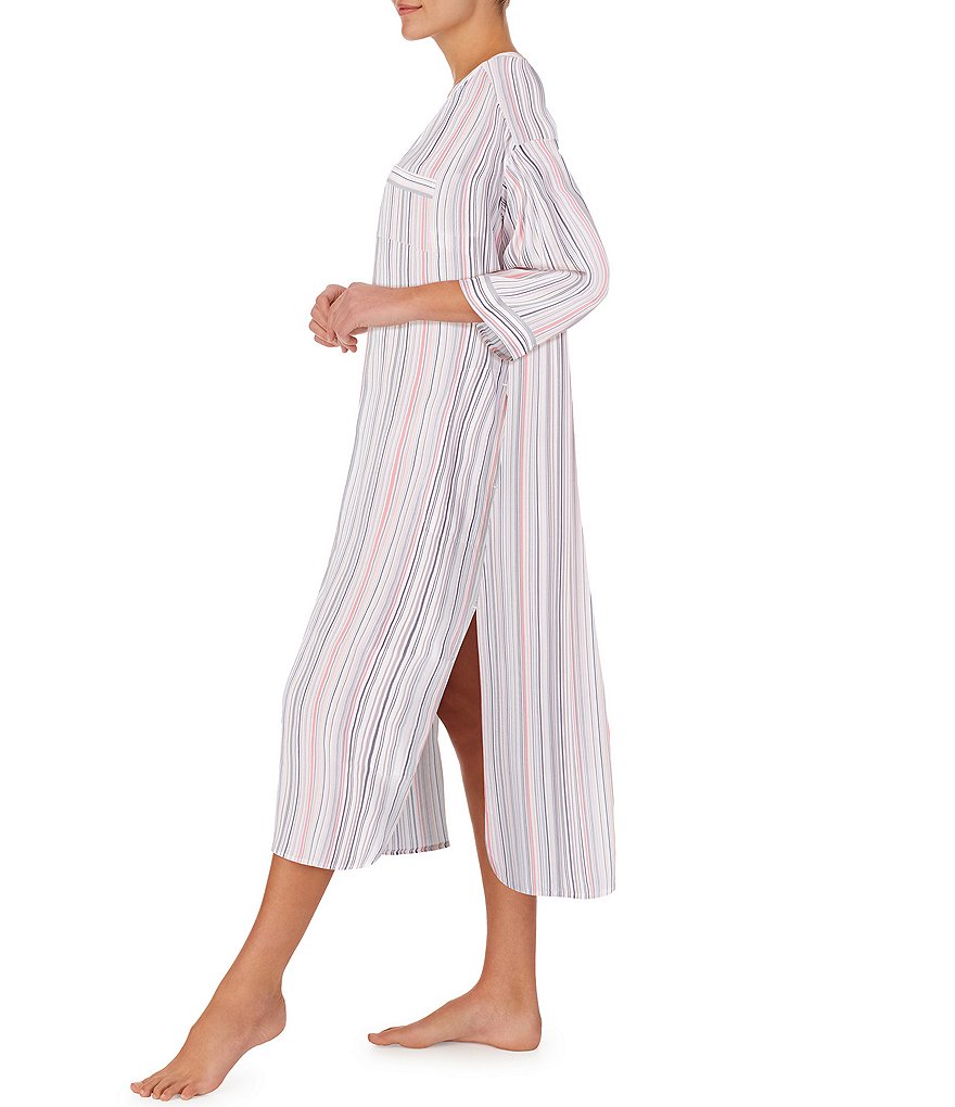 Donna Karan Striped Print Woven Split V-Neck Long Sleepshirt