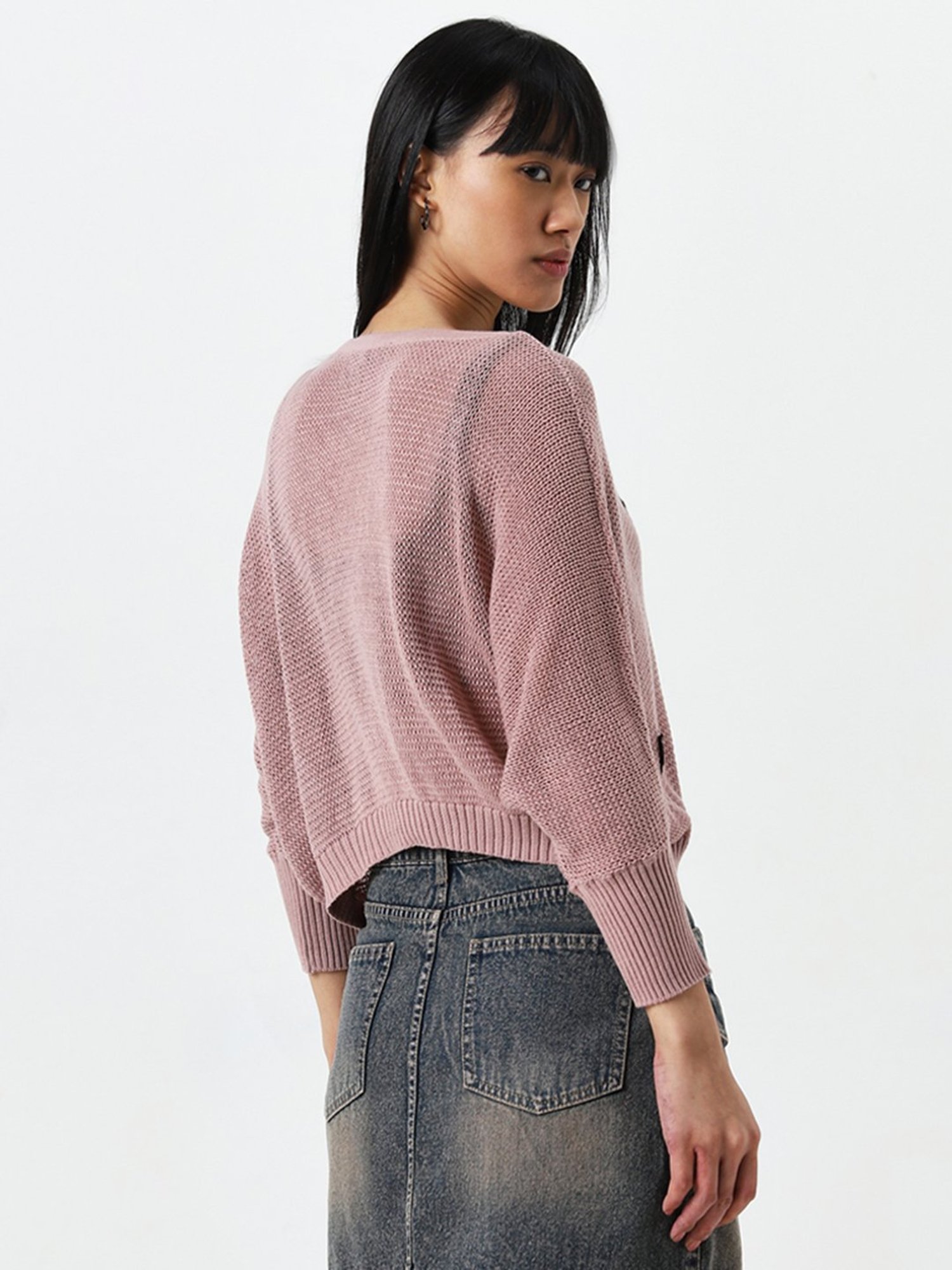 Nuon by Westside Dusty Pink Heart Embroidered Knitted Cotton Sweater