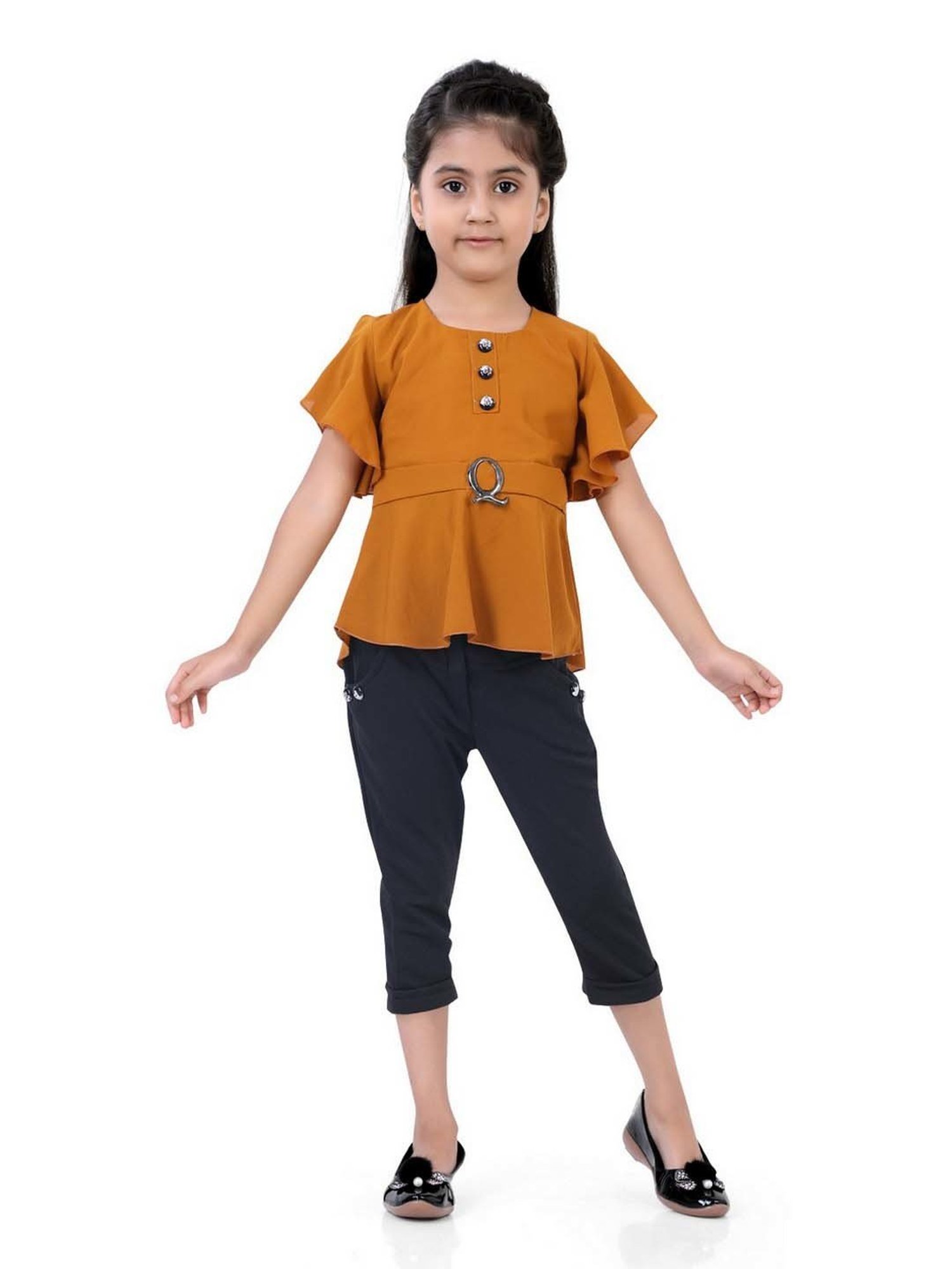 poplins Kids Mustard & Black Cotton Regular Fit Top Set