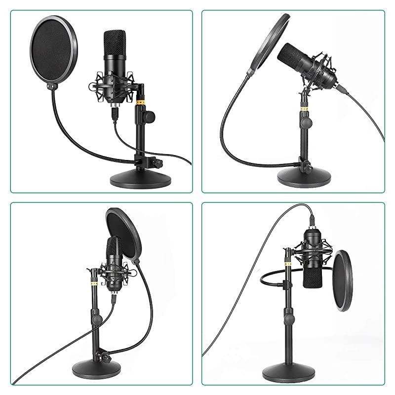 USB Microphone Kit 192kHz/24bit  Condenser Podcast Streaming Cardioid Mic Kit with Sound Card Desktop Stand Shock Mount Pop Filter, Plug & Play for Skype, YouTube, Gaming, Studio Recording