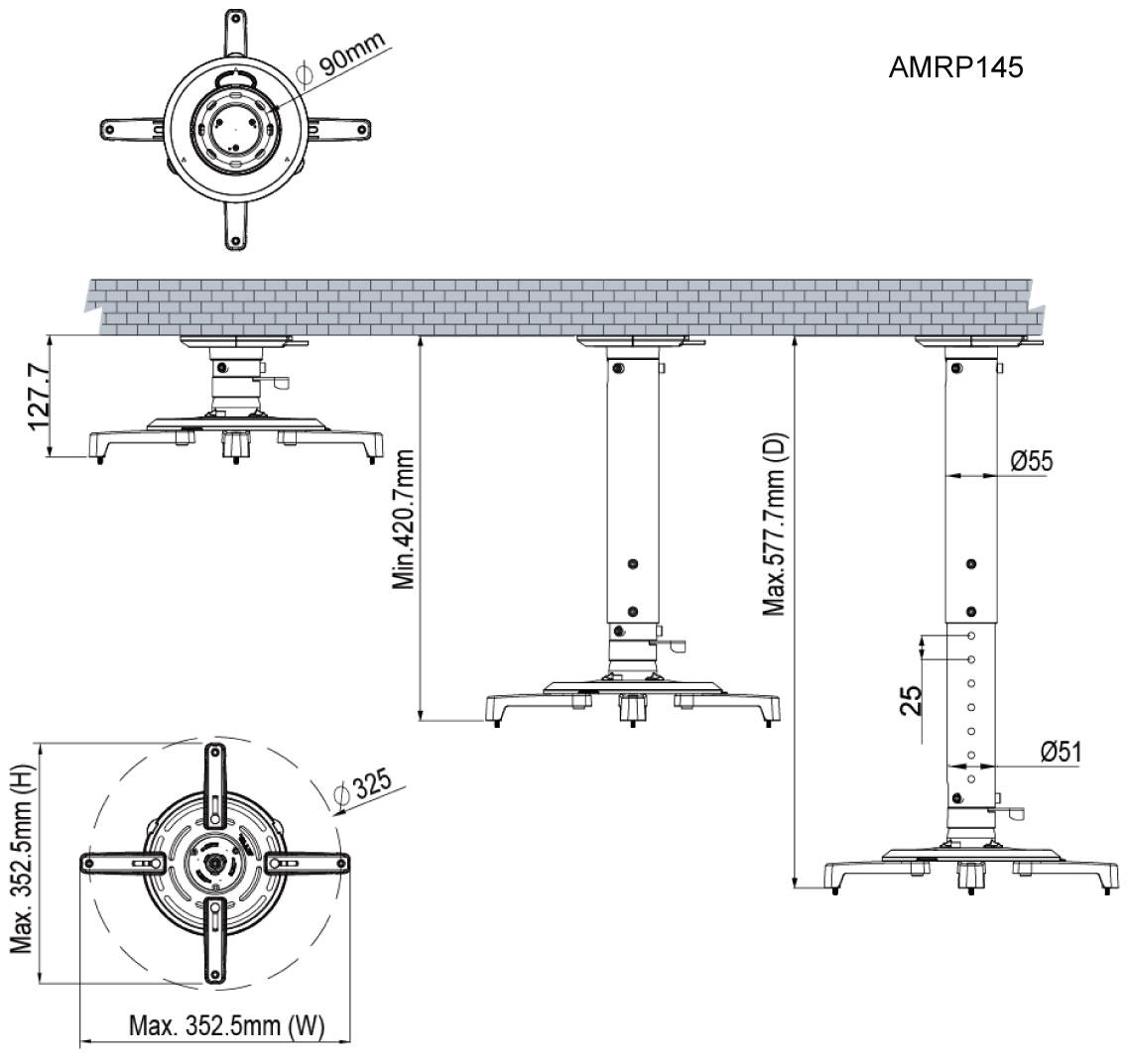 Adjustable Ceiling Projector Mount - Supports up to 33 lbs and 325mm Mounting Patterns - Amer Mounts AMRP145