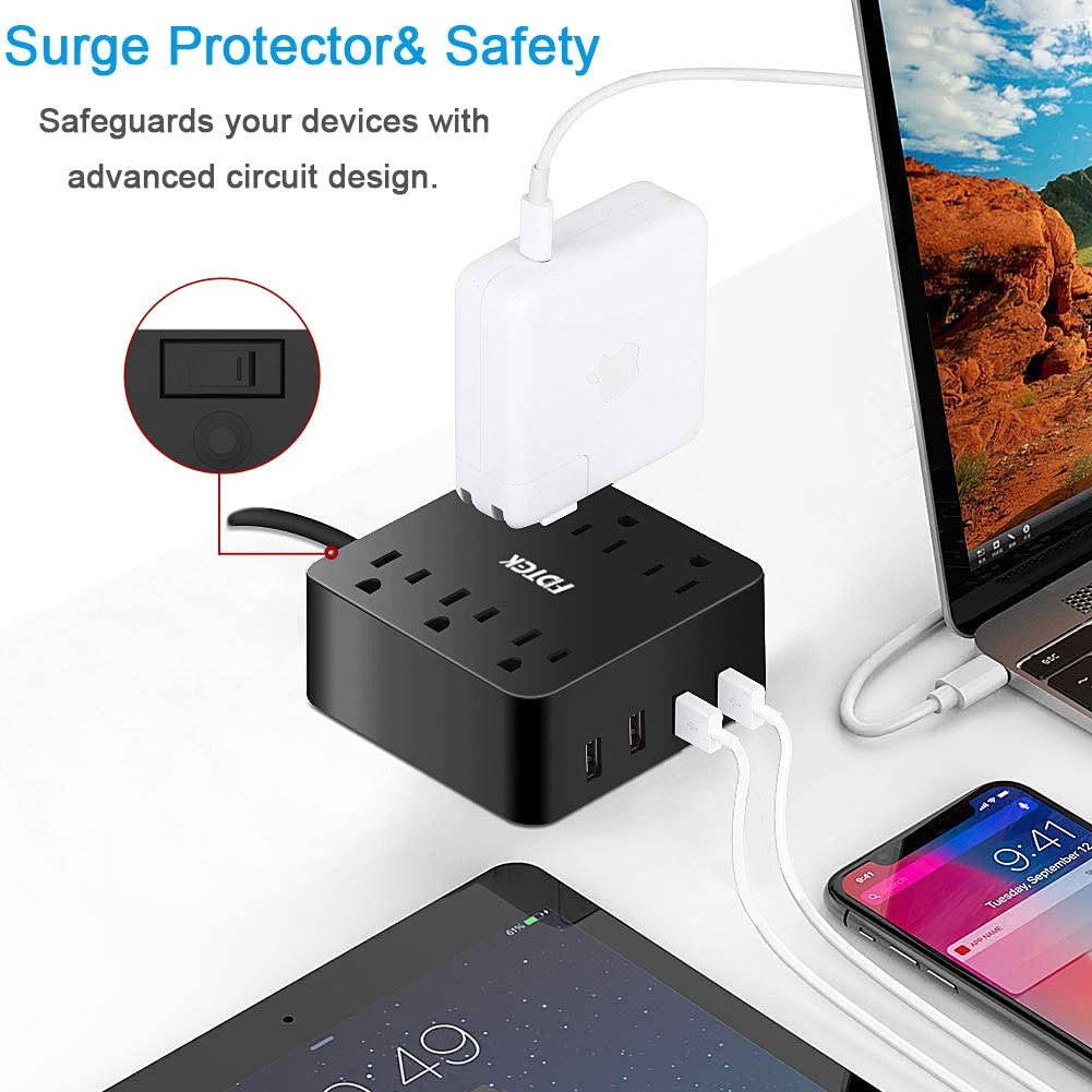 Power Strip Surge Protector with 4 USB Charging Ports and 6 AC Outlet, Desktop Charging Station with 4.6 ft Extension Cord, Circuit Breaker Safeguard Home&Office Accessories, Portable for Travel-Black
