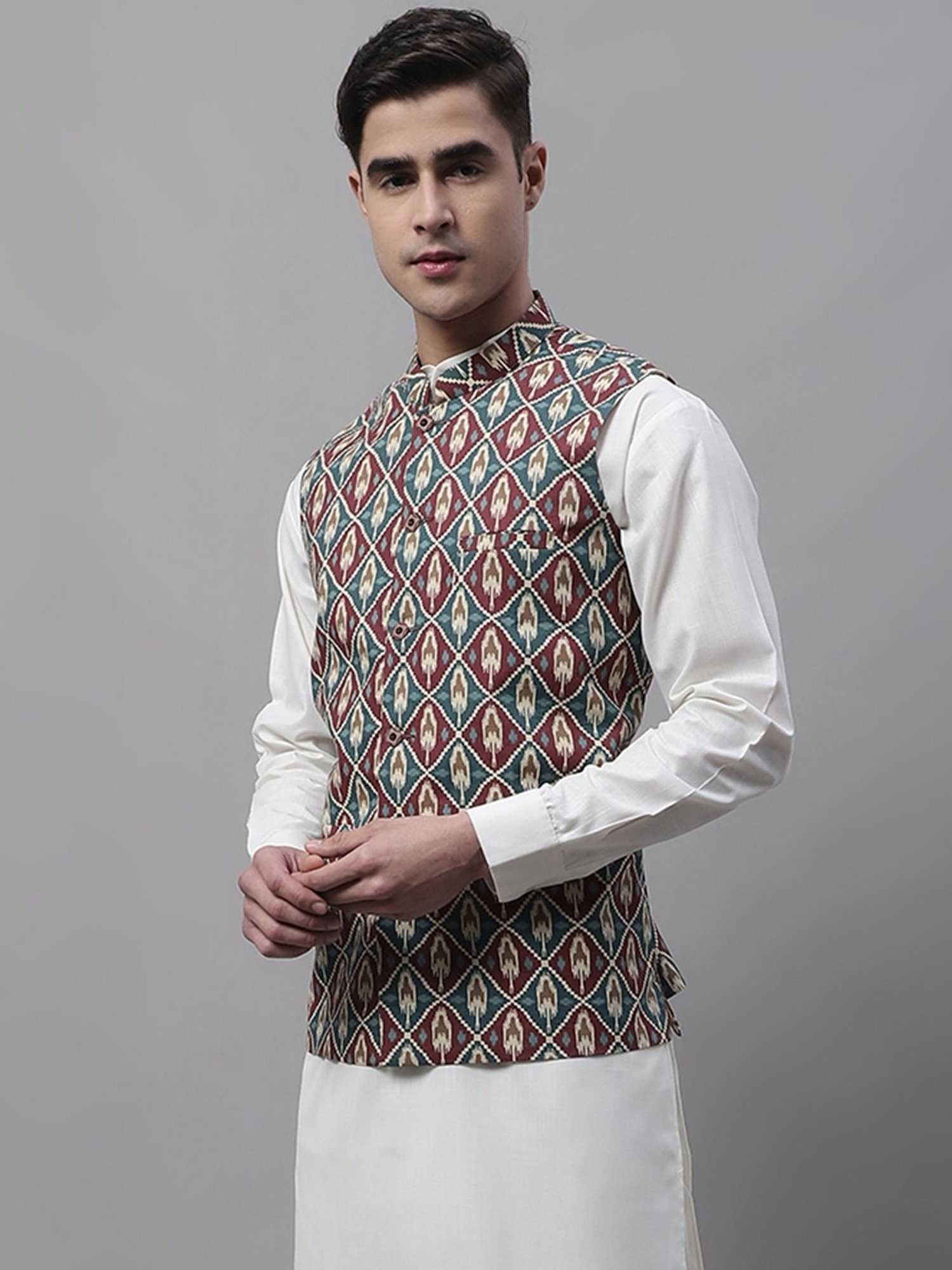 Jompers Teal & Red Regular Fit Printed Nehru Jackets