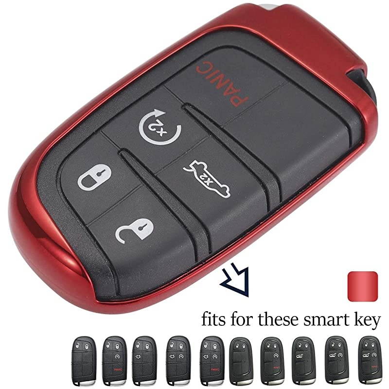 TPU Car Key Fob Cover Glossy Flexible Case Fits for Dodge Ram Jeep Grand Cherokee Chrysler Smart Keyless Entry Remote Key 2 3 4 5 Button Red