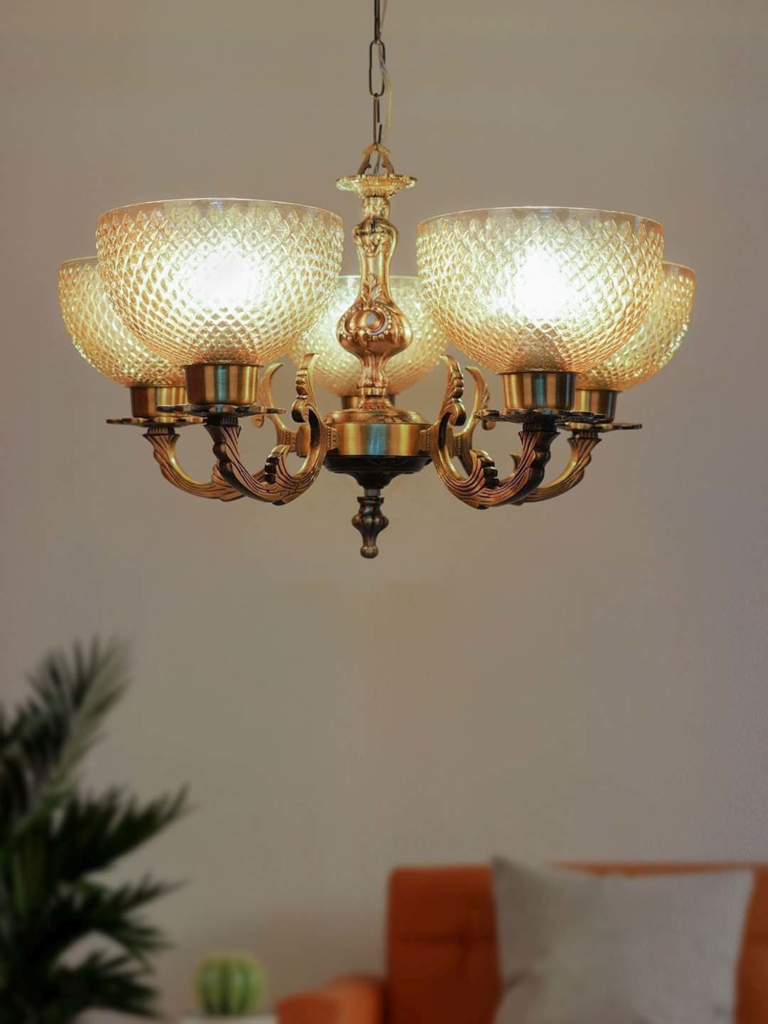 FOS LIGHTING Classic Meena Golden Aluminium 5-In-1 Glass Chandelier