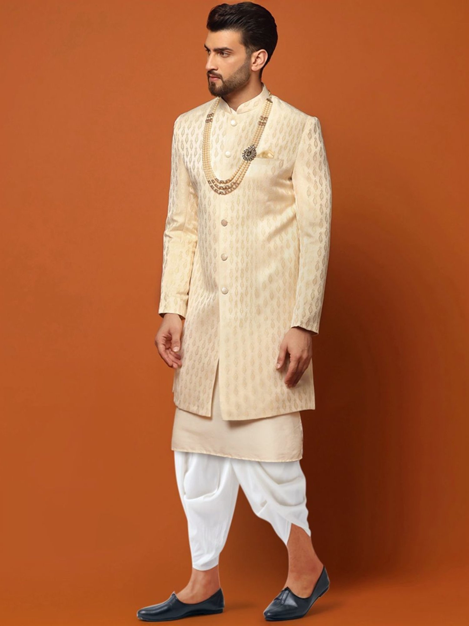 Kisah Beige & White Regular Fit Jacquard Sherwani Set
