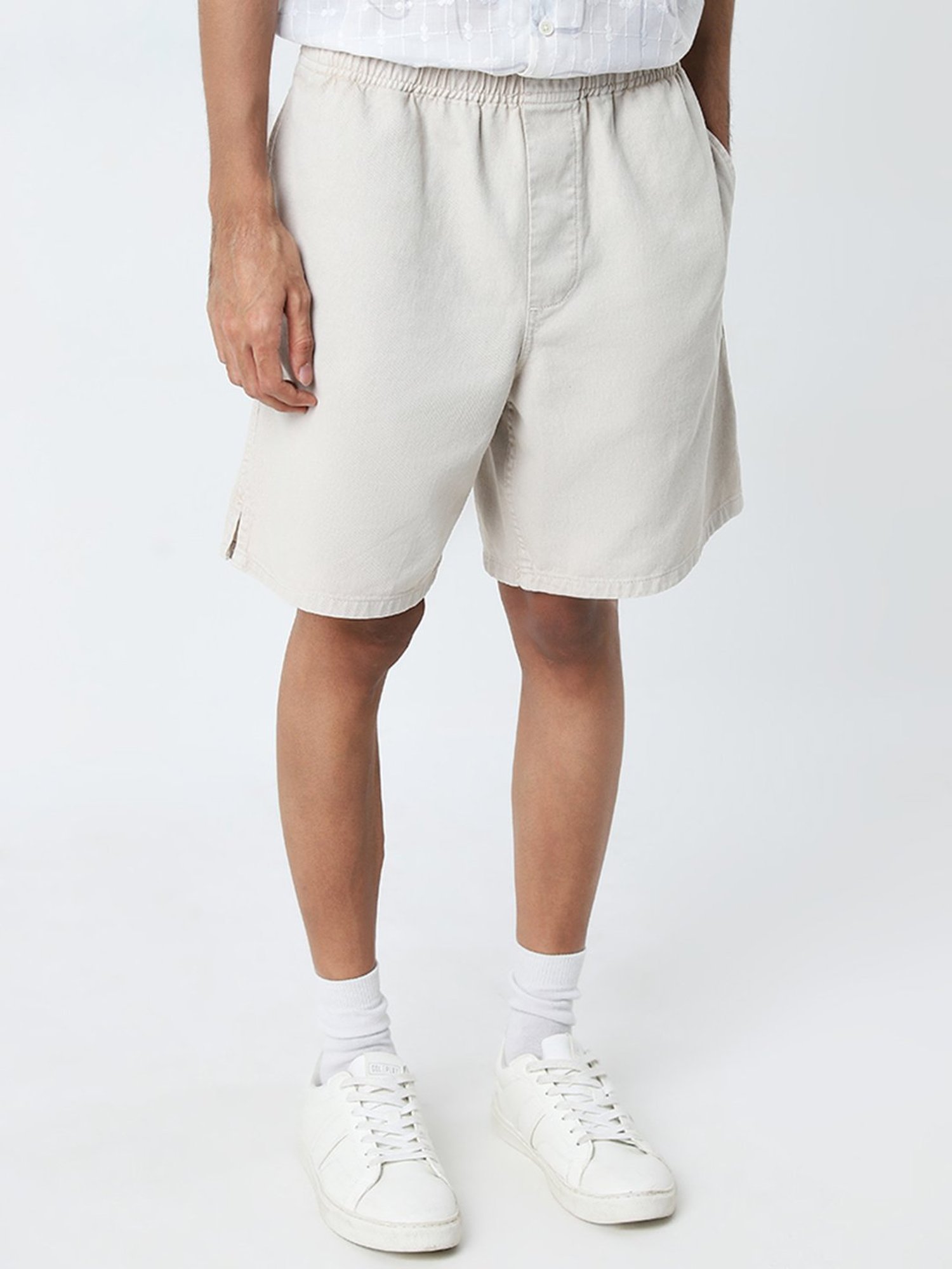 Nuon by Westside Light Beige Mid-Rise Relaxed-Fit Cotton Shorts