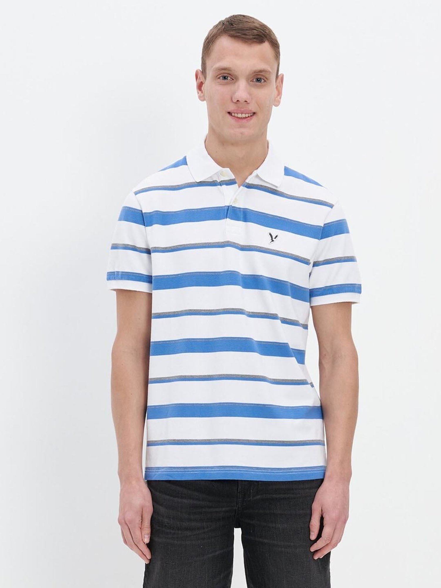 American Eagle Outfitters White Regular Fit Striped Polo T-Shirt
