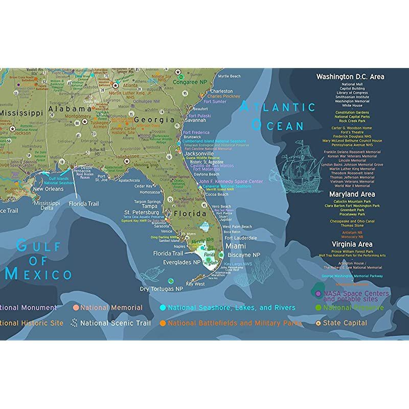 GEOJANGO National Parks Map Poster with All 600+ NPS Sites and USA Travel Destinations 24W x 16H inches