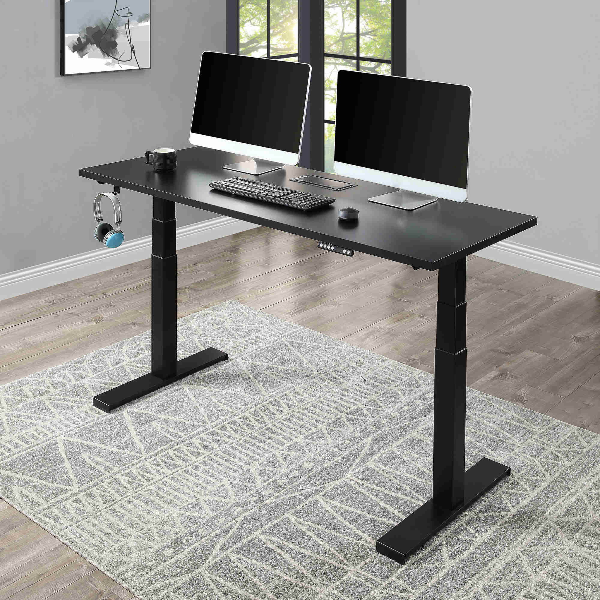 59'' Electric Standing Desk Gaming Desk Home Office Computer Desk Modern Design For Healthy Working With Powerful Smooth Dual Motor Lift System,Headphone Hook and Cable Management,Black