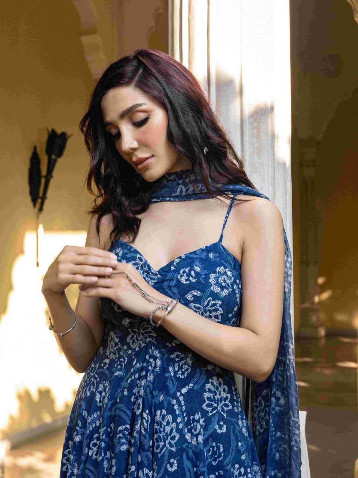 AACHHO Blue Cotton Floral Print Kurta Pant Set With Dupatta