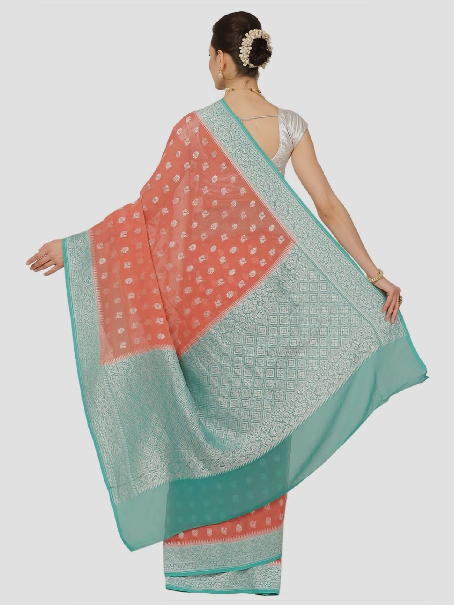 Banarasi Silk Works Peach Woven Saree With Unstitched Blouse