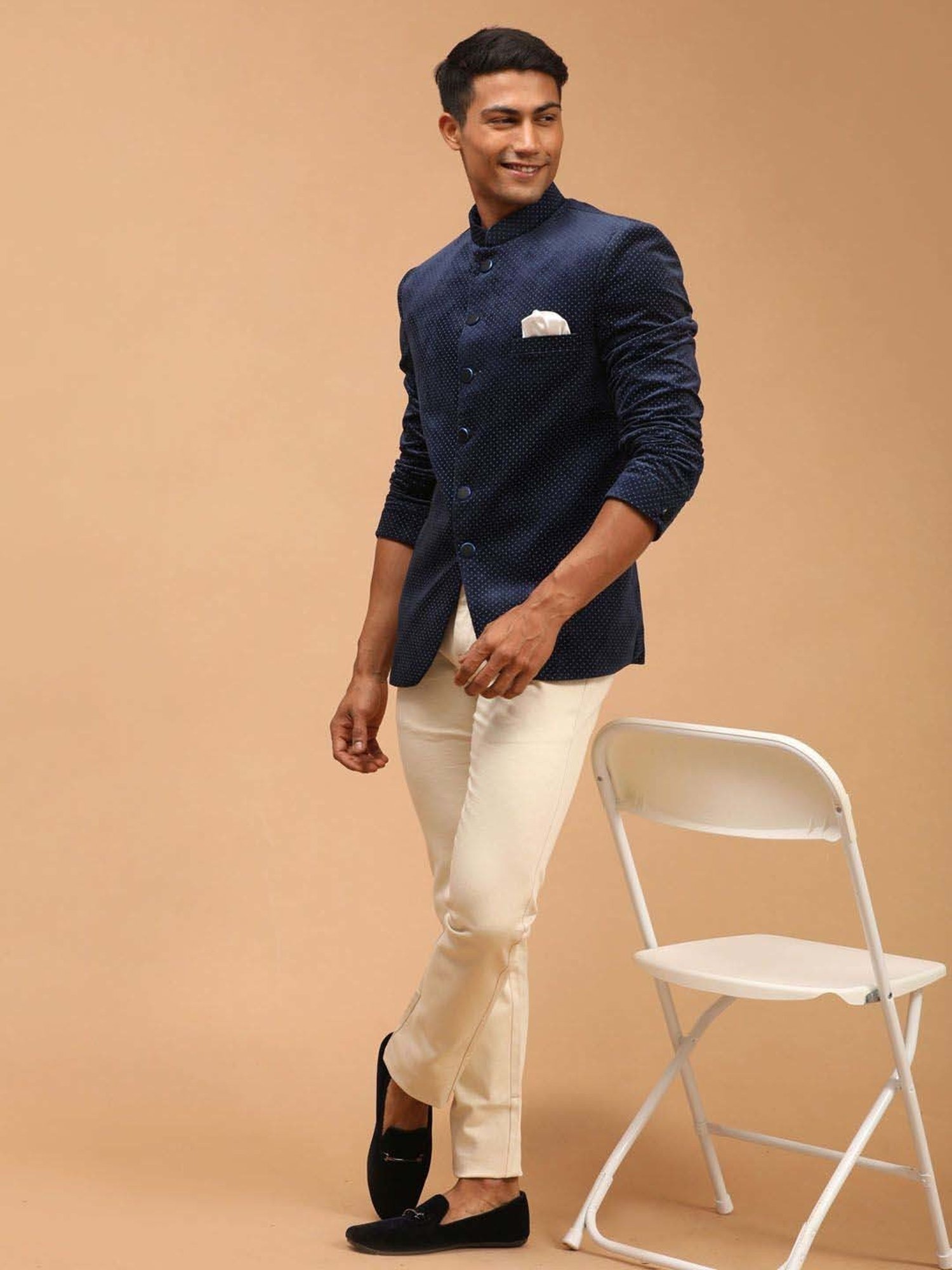 Vastramay Blue Regular Fit Printed Ethnic Blazer