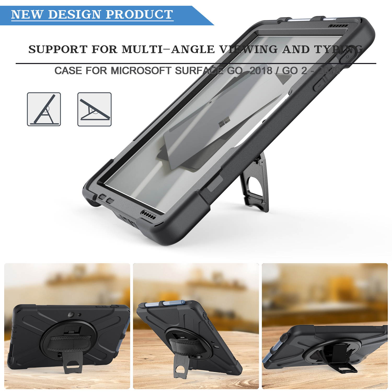 Case for Microsoft Surface Go 2 10.5 inch 2020 / Surface Go 10 inch 2018 with with Pen Holder, Hand Strap & Shoulder Strap Shockproof Protective Stand Cover