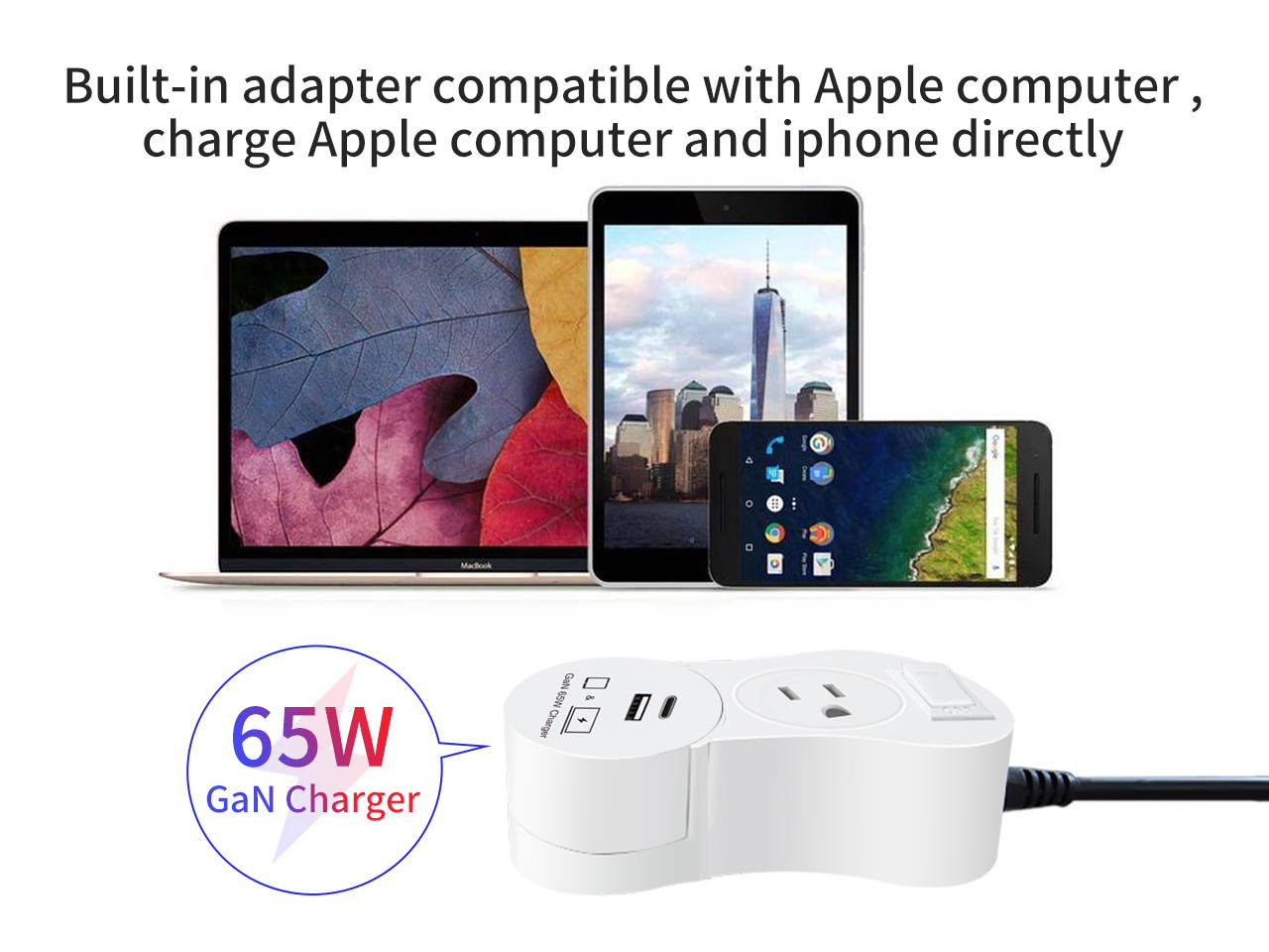 EDu Pivot Smart Power Strip Equip with 65W GaN Charger for Macbook and iphone Fast Charging, Smart Sockets Plug No Hub Required, Ordinary Head Module + Type C + USB Charging Module with Button