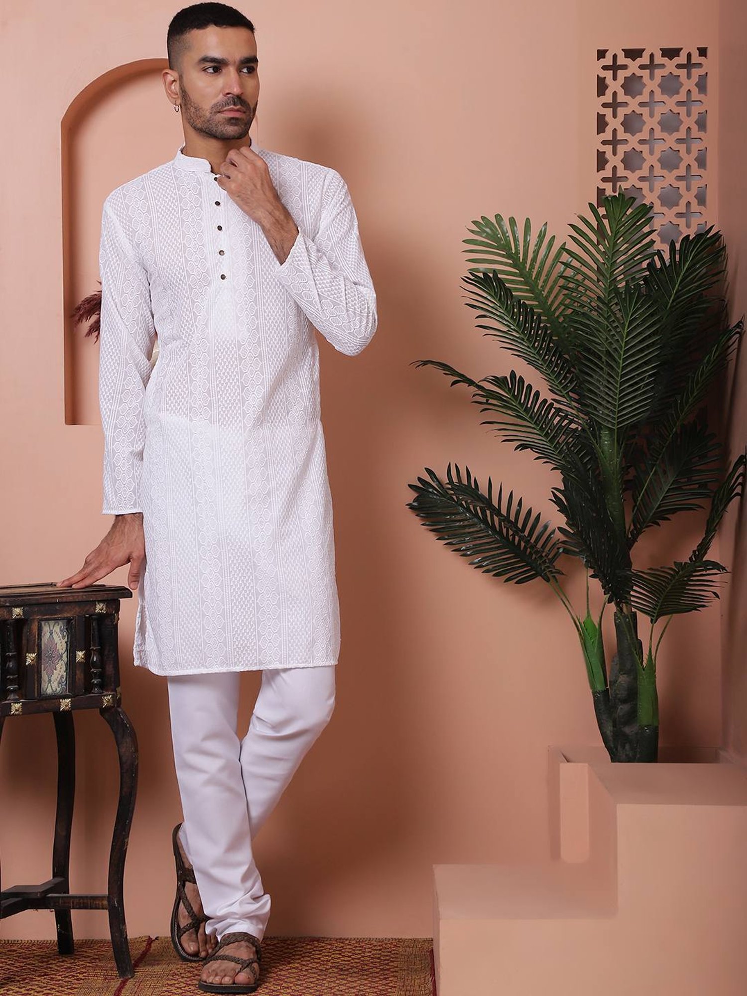 Jompers White Ragular Fit Embroidered Kurta Bottom Set