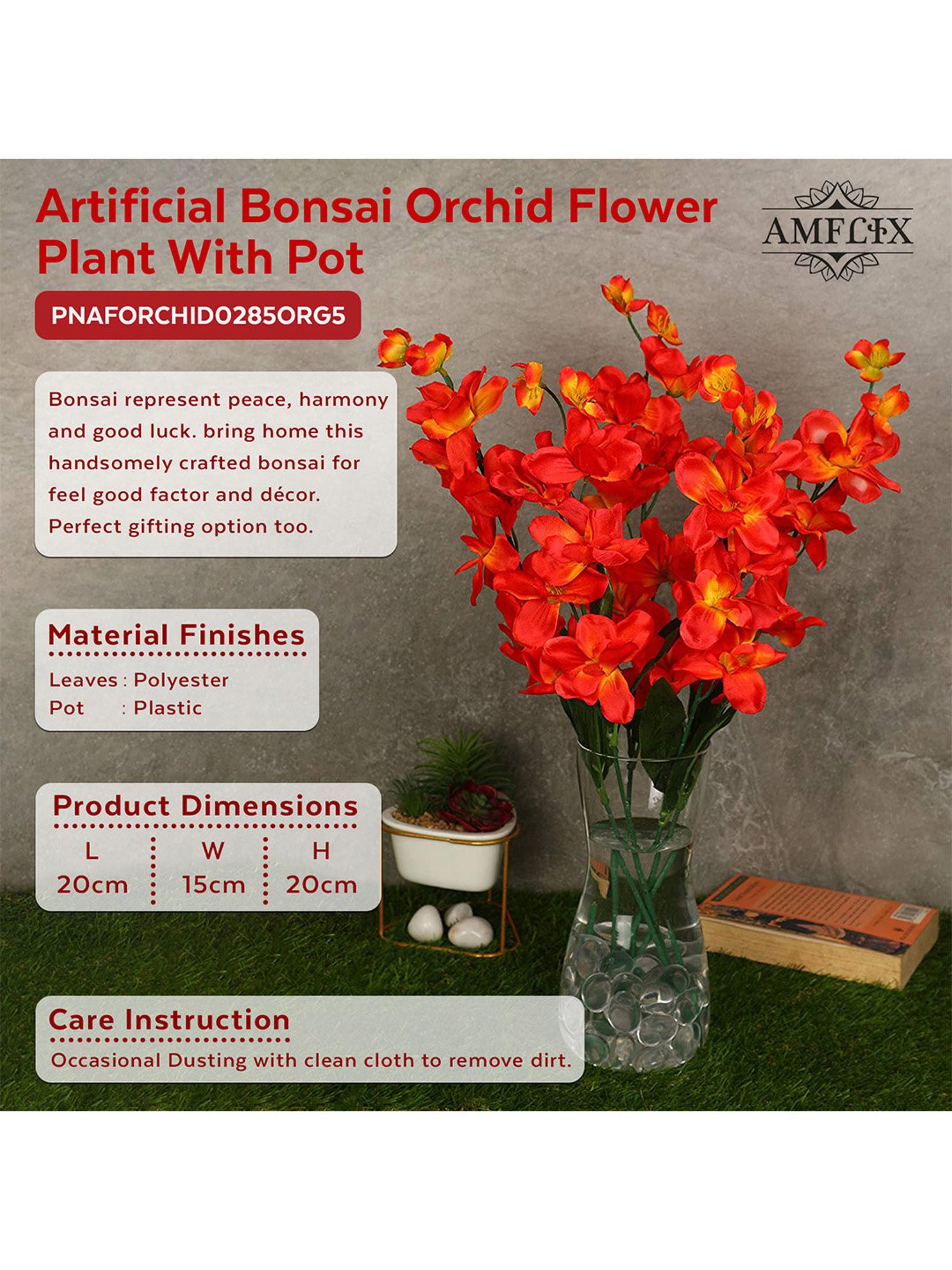 Amflix Orange Artificial Bonsai Orchid Flower Plant Without Pot