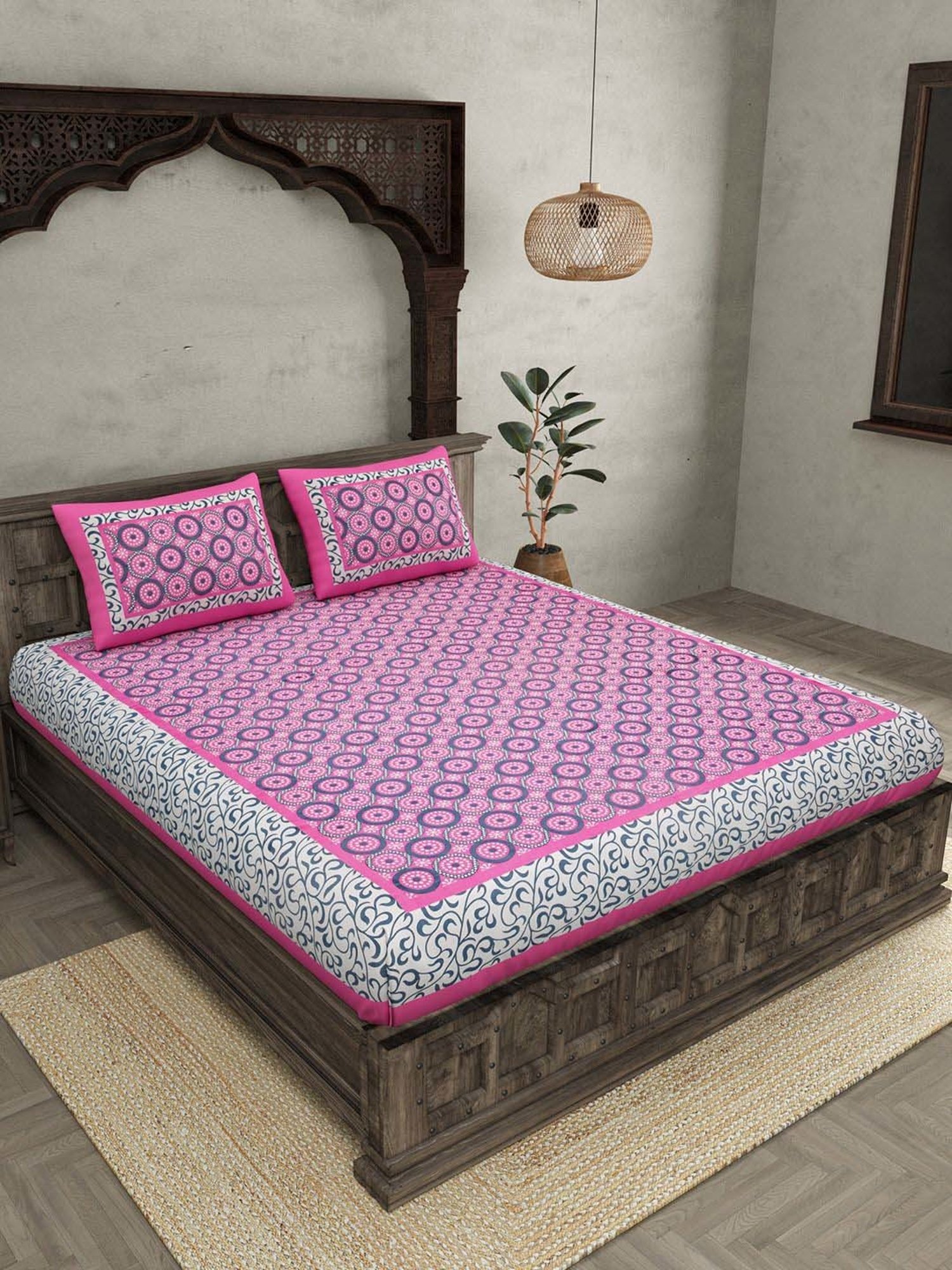 JaipurFabric Pink 100% Pure Cotton 120 TC Double Bedsheet with 2 Pillow Covers