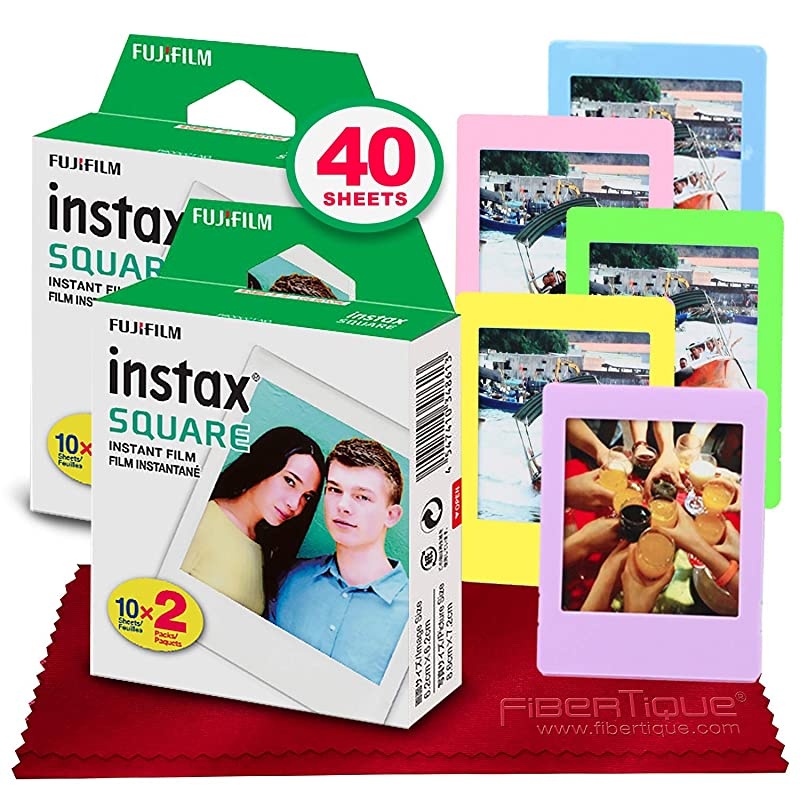 instax Square Instant Film 40 Exposures Compatible Instax Square SQ6 SQ10 and SQ20 Instant Cameras + 5 Color Picture Frames + FiberTique Cleaning Cloth