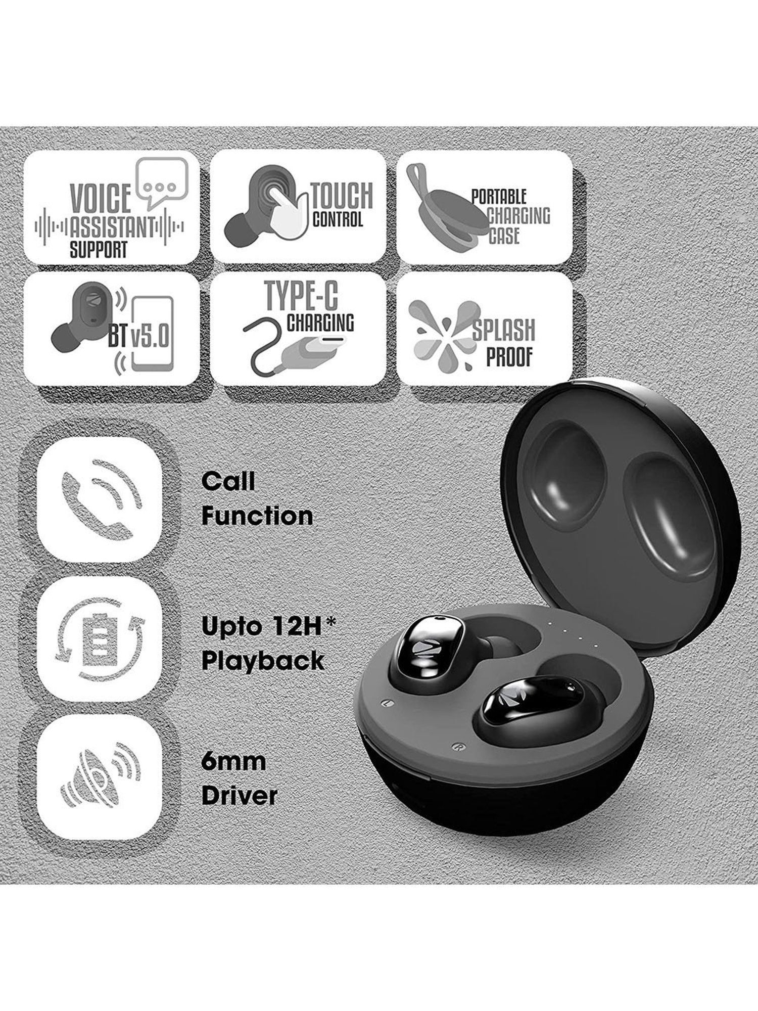 Zebronics Zeb-Sound Bomb 1 True Wireless Earbuds with Mic (Black/Grey)
