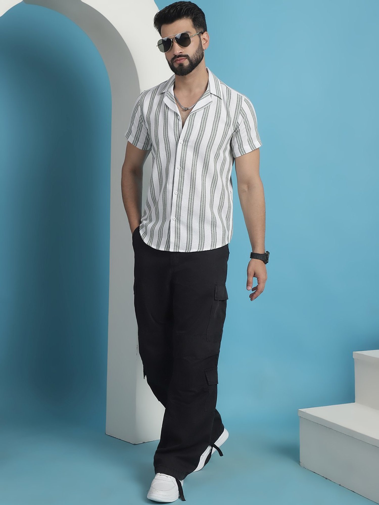 Indian Needle Green Cotton Regular Fit Striped Shirt