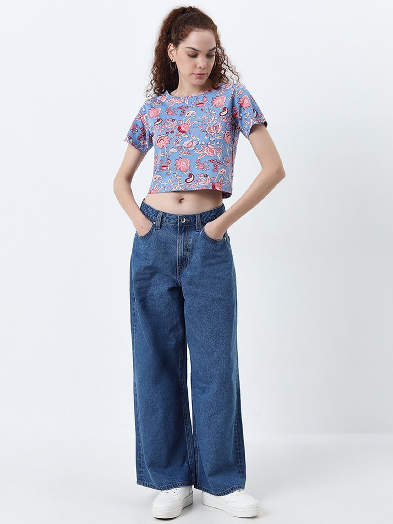 Bombay Paisley by Westside Blue Floral Printed Cotton Top