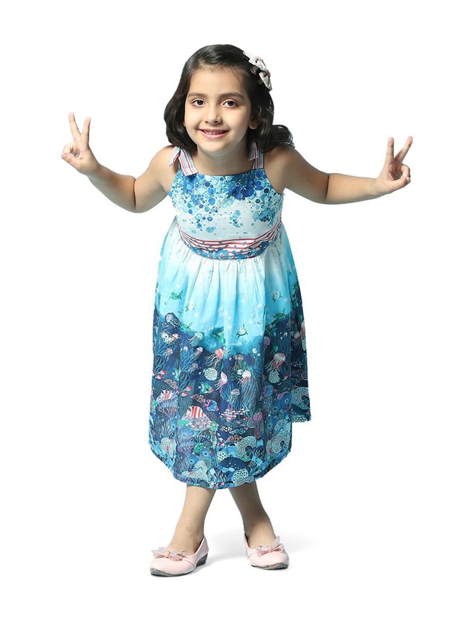 Biba Girls Blue Cotton Printed Dress