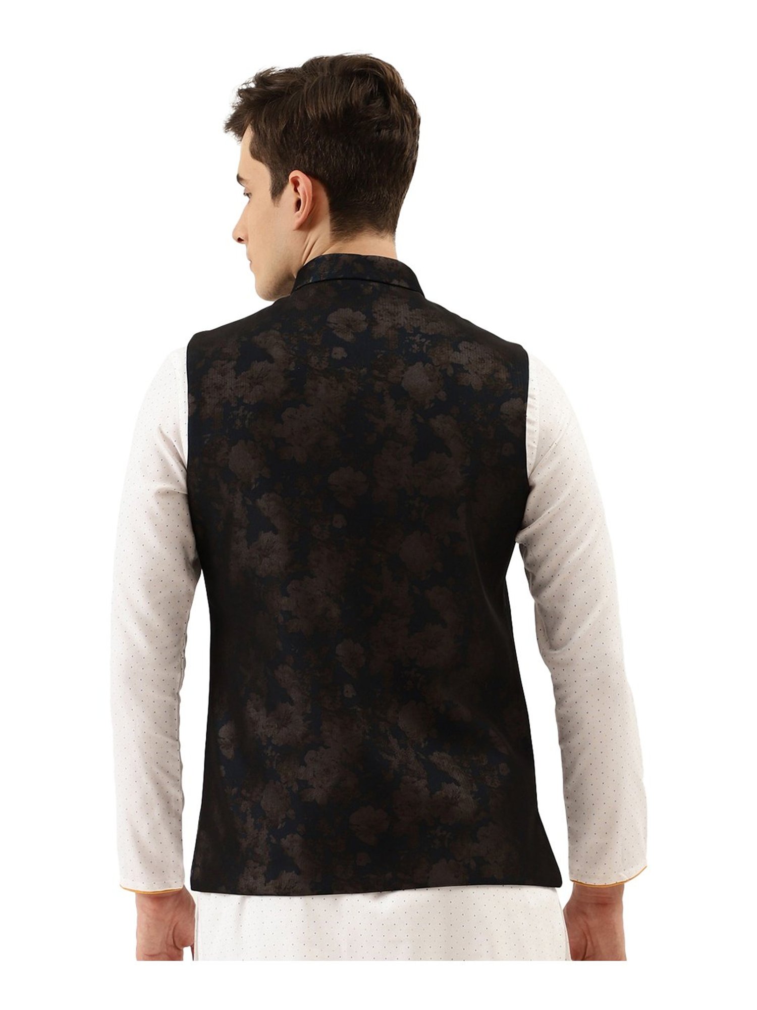 Manyavar Navy Regular Fit Floral Print Nehru Jacket