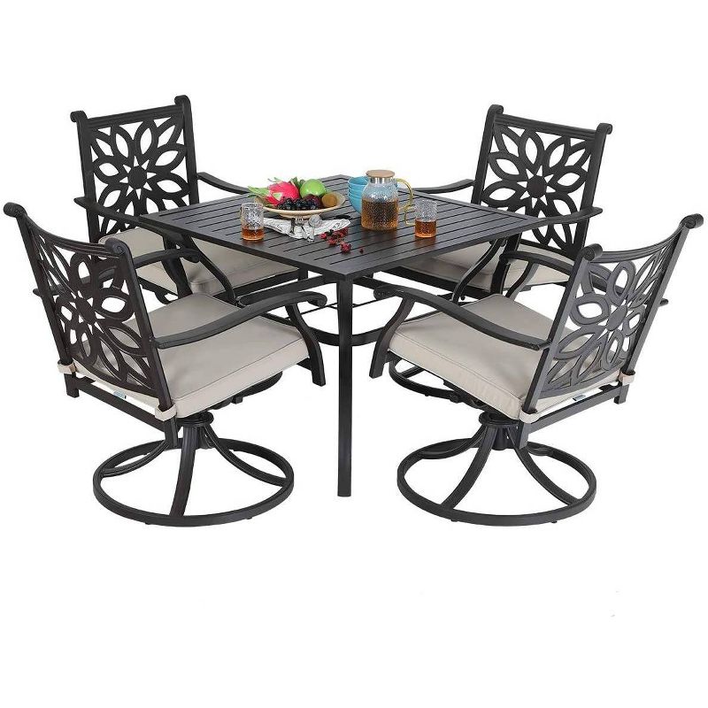 5pc Patio Set with 37" Metal Table & Extra Wide Swivel Chairs with Cushions - Captiva Designs