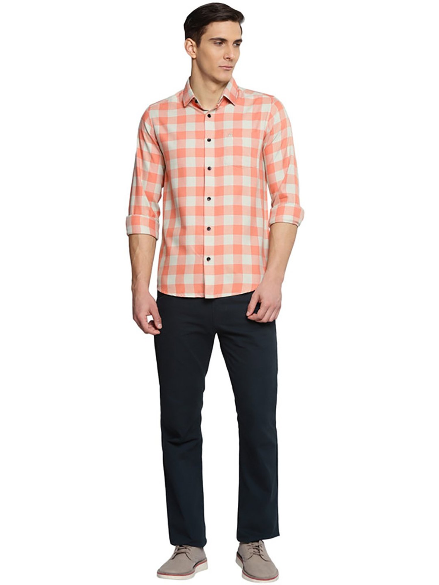 Allen Cooper Orange & Beige Regular Fit Check Shirt