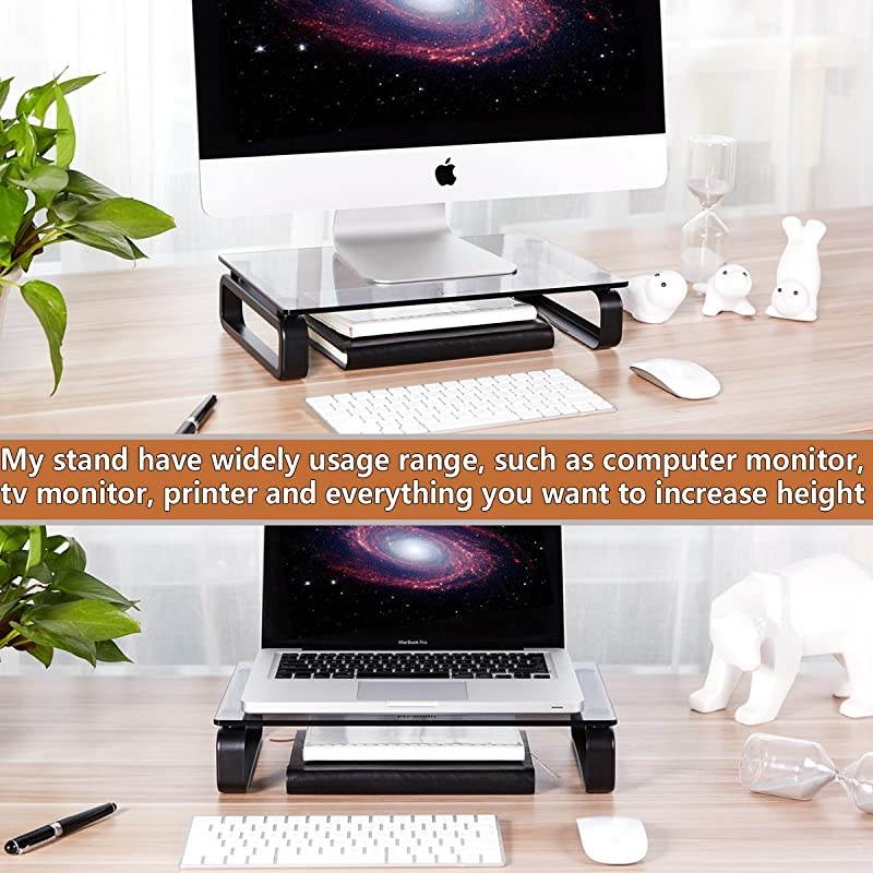 Monitor Stand Riser Multi Media Desktop Stand for Flat Screen LCD LED TV LaptopNotebookXbox One with Tempered Glass and Metal Legs Black HD02B001U
